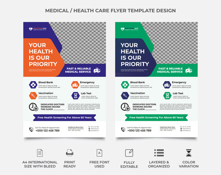 medical geometric shape a4 size flyer design template, two color variation, a doctor image can use in the template, orange and blue, green and blue color variant, vector eps 10, fully editable