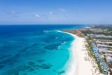 Caribbean sea coastline with resorts. Punta Cana beach. Dominican Republic. Aerial view