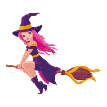 Witch flying on broom. Cartoon vector illustration