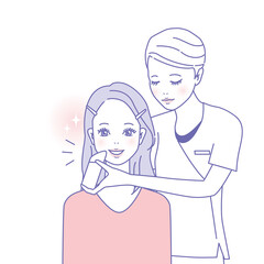 エステティシャンから肌診断を受けている若い女性