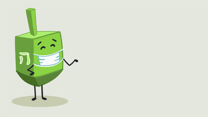 Dreidel characters wearing mask for protection in pandemic and playing spinning game. Dreidel spinning, falling and having fun during Hanukkah festival. Modern Dreidel with presents and mask.