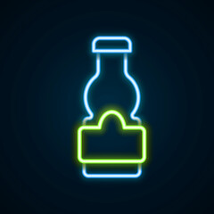 Glowing neon line Sauce bottle icon isolated on black background. Ketchup, mustard and mayonnaise bottles with sauce for fast food. Colorful outline concept. Vector