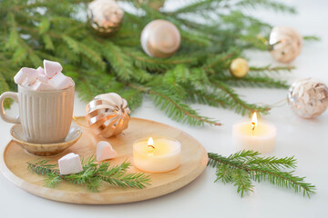 cup of coffee with  marshmallow and christmas fir branches