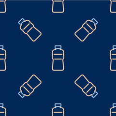 Line Bottle of water icon isolated seamless pattern on blue background. Soda aqua drink sign. Vector