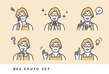 様々な表情やポーズをとる主婦の女性のイメージイラスト素材・シンプルタッチ
