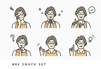 様々な表情やポーズをとる主婦の女性のイメージイラスト素材・シンプルタッチ
