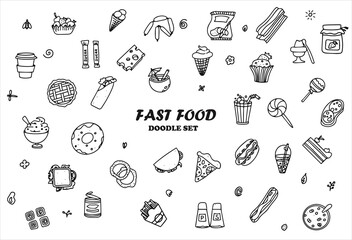 Doodle food set of fast-food products. Hand-drawn sweets, desserts, snacks, popcorn, American food and English breakfast. A big set of cartoon food illustrations.