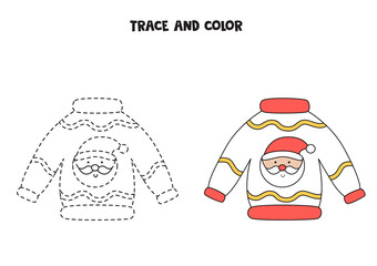 Trace and color cartoon Christmas sweater. Worksheet for kids.