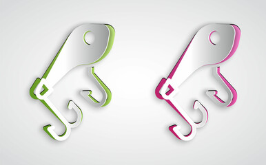 Paper cut Fishing lure icon isolated on grey background. Fishing tackle. Paper art style. Vector