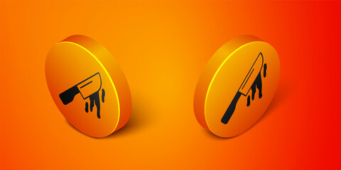 Isometric Bloody knife icon isolated on orange background. Cutlery symbol. Happy Halloween party. Orange circle button. Vector