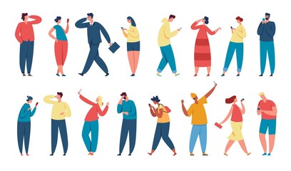 People using smartphones, young characters holding phone. Businessman talking on smartphone, men and women texting, taking selfie vector set. Boys and girls using social networks and messengers