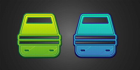 Green and blue Lunch box icon isolated on black background. Vector