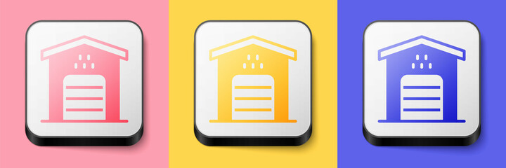 Isometric Garage for taxi car icon isolated on pink, yellow and blue background. Square button. Vector