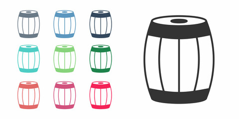 Black Wooden barrel icon isolated on white background. Alcohol barrel, drink container, wooden keg for beer, whiskey, wine. Set icons colorful. Vector