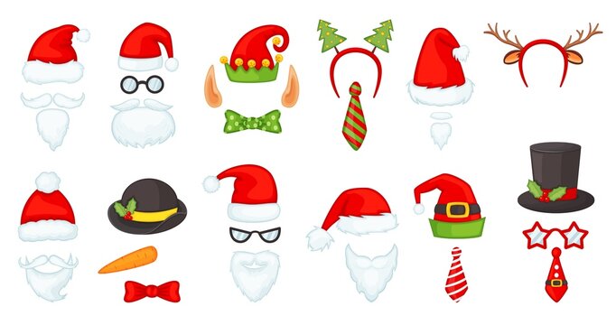 Cartoon christmas hats and accessories, photo booth props. Santa hat and beard, reindeer antlers, red nose, elf cap, xmas party mask vector set. Wearing winter seasonal costume for celebration