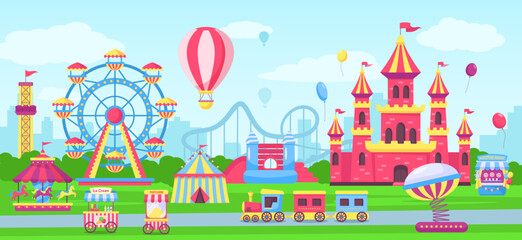 Amusement park with funfair attractions, carnival fairground rides. Cartoon circus tent, children castle, rollercoaster Vector illustration. Playground for id recreation and entertainment - obrazy, fototapety, plakaty