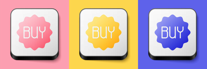 Isometric Buy button icon isolated on pink, yellow and blue background. Square button. Vector