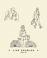 Fototapeta na wymiar Vector line drawing. Girl on a bike. Athletic woman. Couple in love. Businessman. A man goes to the gym with a gym bag. Vector logo with people.