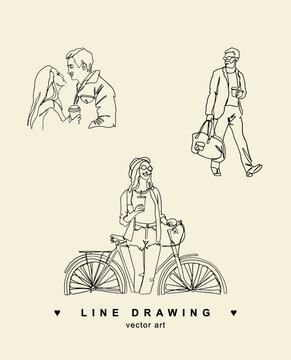 Vector line drawing. Girl on a bike. Athletic woman. Couple in love. Businessman. A man goes to the gym with a gym bag. Vector logo with people.