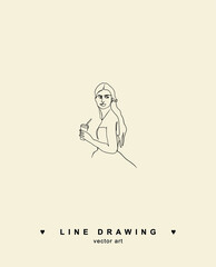 Line-drawn woman. Girl with coffee. Woman in a dress. Bride line drawing. Young girl in dress drawing by line. Vector logo with woman.