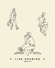 Men are businessmen. Line drawing of men. Illustration of people. Vector logo with men. Contour people.