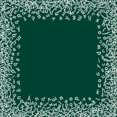 Falling letters of English language. Childish chalk flying words of Latin alphabet. Foreign languages study concept. Classy back to school banner on blackboard background.