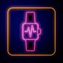 Glowing neon Smart watch showing heart beat rate icon isolated on black background. Fitness App concept. Vector