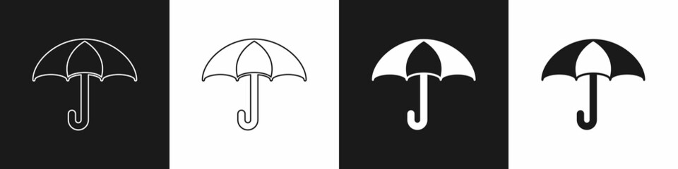 Set Umbrella icon isolated on black and white background. Insurance concept. Waterproof icon. Protection, safety, security concept. Vector