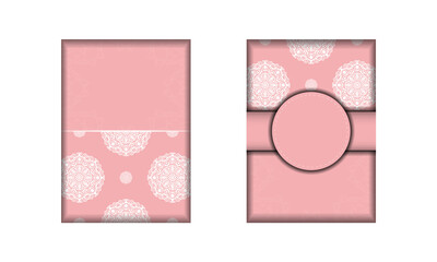 Template Postcard in pink color with Indian white pattern prepared for printing.