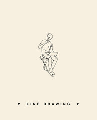 Man with laptop line drawing. Continuous line drawing of guy sitting with laptop. Coffee to go. A man sits in a cafe and drinks coffee. Young man. line drawing.
