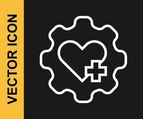 White line Heart with a cross icon isolated on black background. First aid. Healthcare, medical and pharmacy sign. Vector