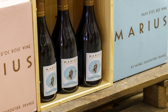 Volzhsky, Russia-September 21, 2021: Marius wine Shiraz grape variety on the shelves of the Metro hypermarket. Selective focus