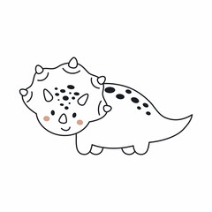 Cute dinosaur in outline sketch style. Funny cartoon dino for kids cards, baby shower, t-shirt, birthday invitation, house interior. Bohemian childish vector illustration.