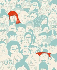 Fototapeta premium Standing out from the crowd. Urban commuters one continuous line drawing minimalism design sketch hand drawn contour illustration. Crowd of people.