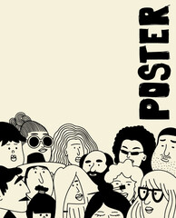 Vector poster with faces. Crowd of people. Faces collection. People faces vector collage. Outline people. Face avatars. Men and women. Various haircuts.