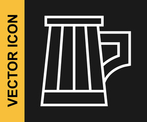 White line Wooden beer mug icon isolated on black background. Vector