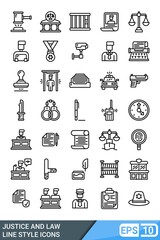 justice and law icons set. vector illustration in line style isolated on white background. EPS 10
