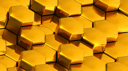 Gold hexagons 3D geometric background, shiny golden metallic shapes stacks, render technology illustration.