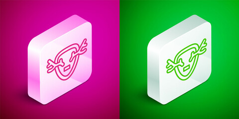Isometric line Deer antlers on shield icon isolated on pink and green background. Hunting trophy on wall. Silver square button. Vector