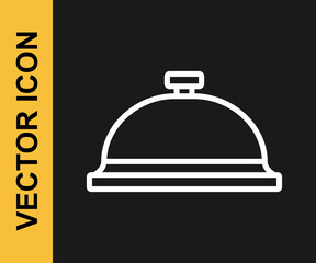 White line Covered with a tray of food icon isolated on black background. Tray and lid sign. Restaurant cloche with lid. Vector