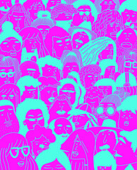 Hand-drawn vector faces. Women in a crowd of people. Persons of different nationalities. Page for website. Neon line drawing. Line art of people. EPS 10