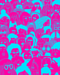 Hand-drawn faces. Women in a crowd of people. Persons of different nationalities. Page for website. Neon line drawing.