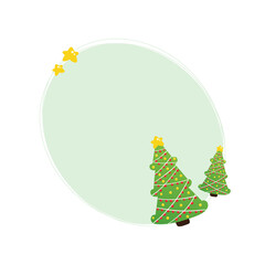 Cute cartoon style decorated christmas trees with garlands, ornaments and stars oval frame, card template, background for Christmas related design. 
