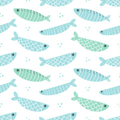 Cute colorful fishes and bubbles vector seamless pattern background  for sea life design.
