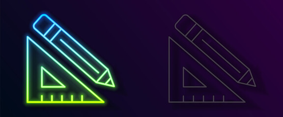 Glowing neon line Triangular ruler and pencil icon isolated on black background. Straightedge symbol. Drawing and educational tools. Vector