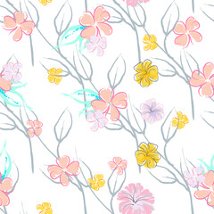 Pink Flowers Blooming Pattern. Pastel Watercolor.