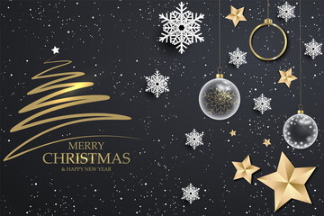 Black christmas background with white snowflakes. Background with shining gold balls, stars, christmas tree - 461835912