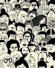 Vector faces collection. People faces vector collage. Outline people. Face avatars. Men and women. Various haircuts. Cartoon style, simple flat design. Trendy illustration. Different faces of people