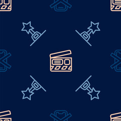 Set line No cell phone, Movie trophy and clapper on seamless pattern. Vector