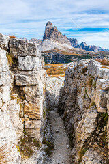 Autumn panorama on Monte Piana. View from the trenches to the three peaks of Lavaredo. Dolomites.